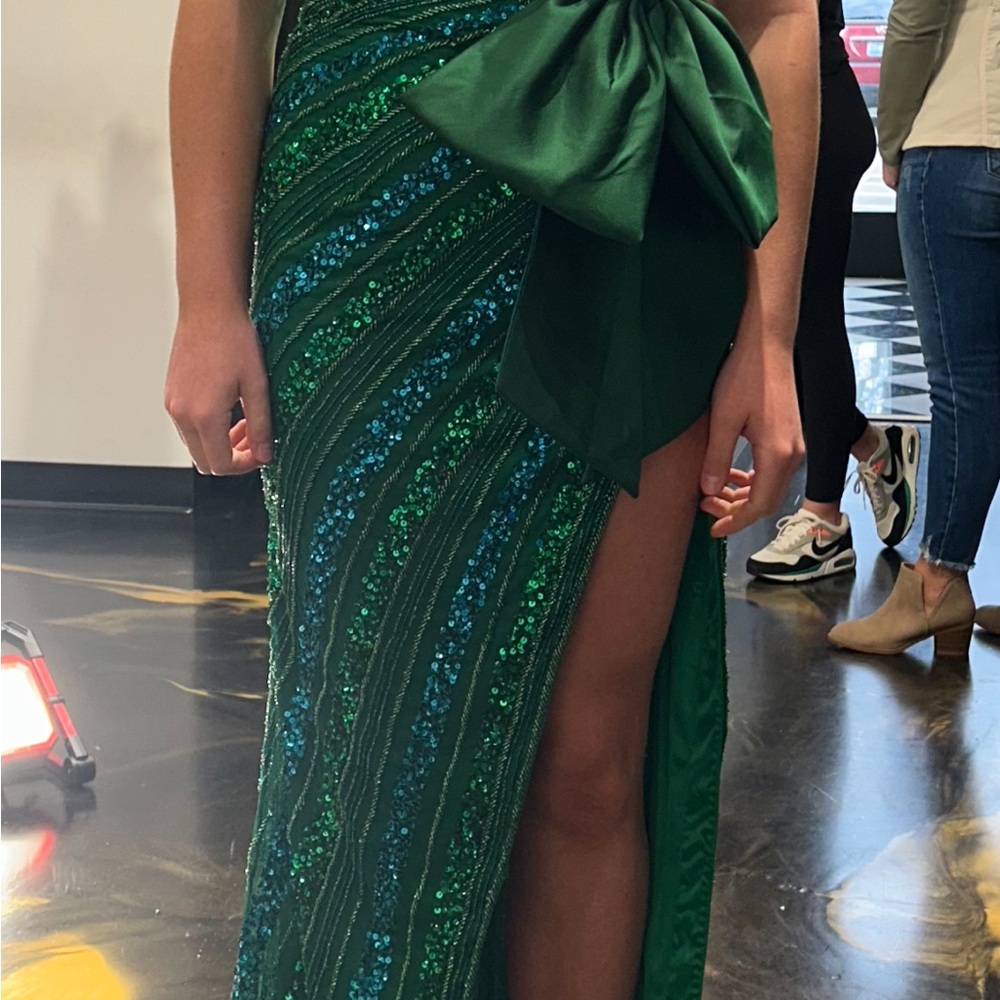 Green Sherri Hill Sequin Gown with Bow Detail #56896